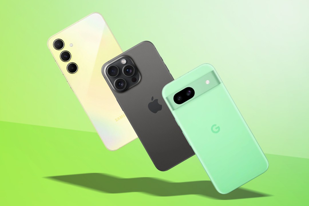 Three of the best 5G phones on a green gradient background