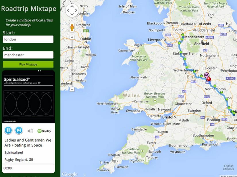 Roadtrip Mixtape automatically makes a music playlist based on your route