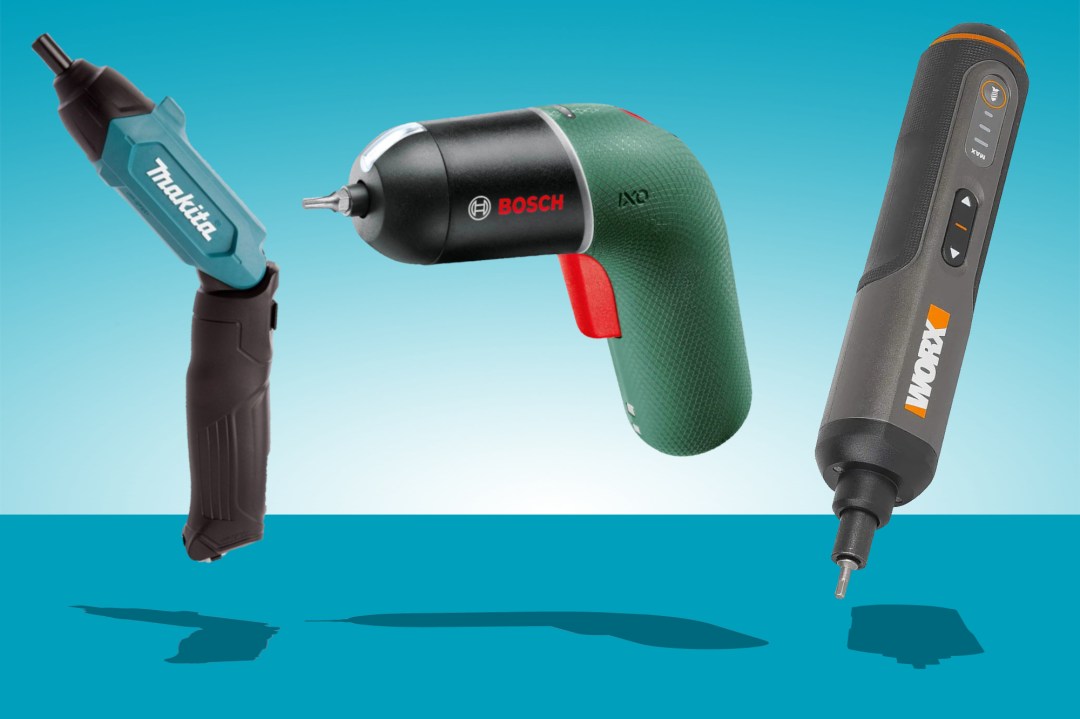 Three of the best electric screwdrivers on a blue gradient background