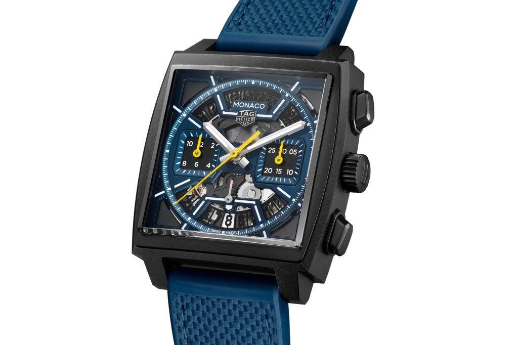 Dark Blue TAG Heuer Monaco watch on white background