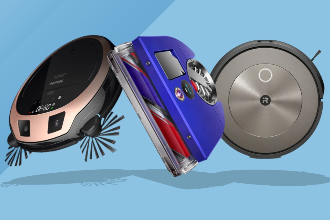 Three robot vacuum cleaners on a blue gradient background