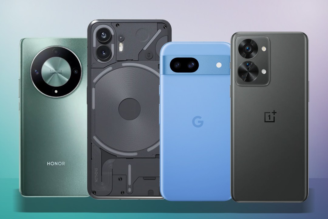 Four of the best mid-range smartphones on a green gradient background