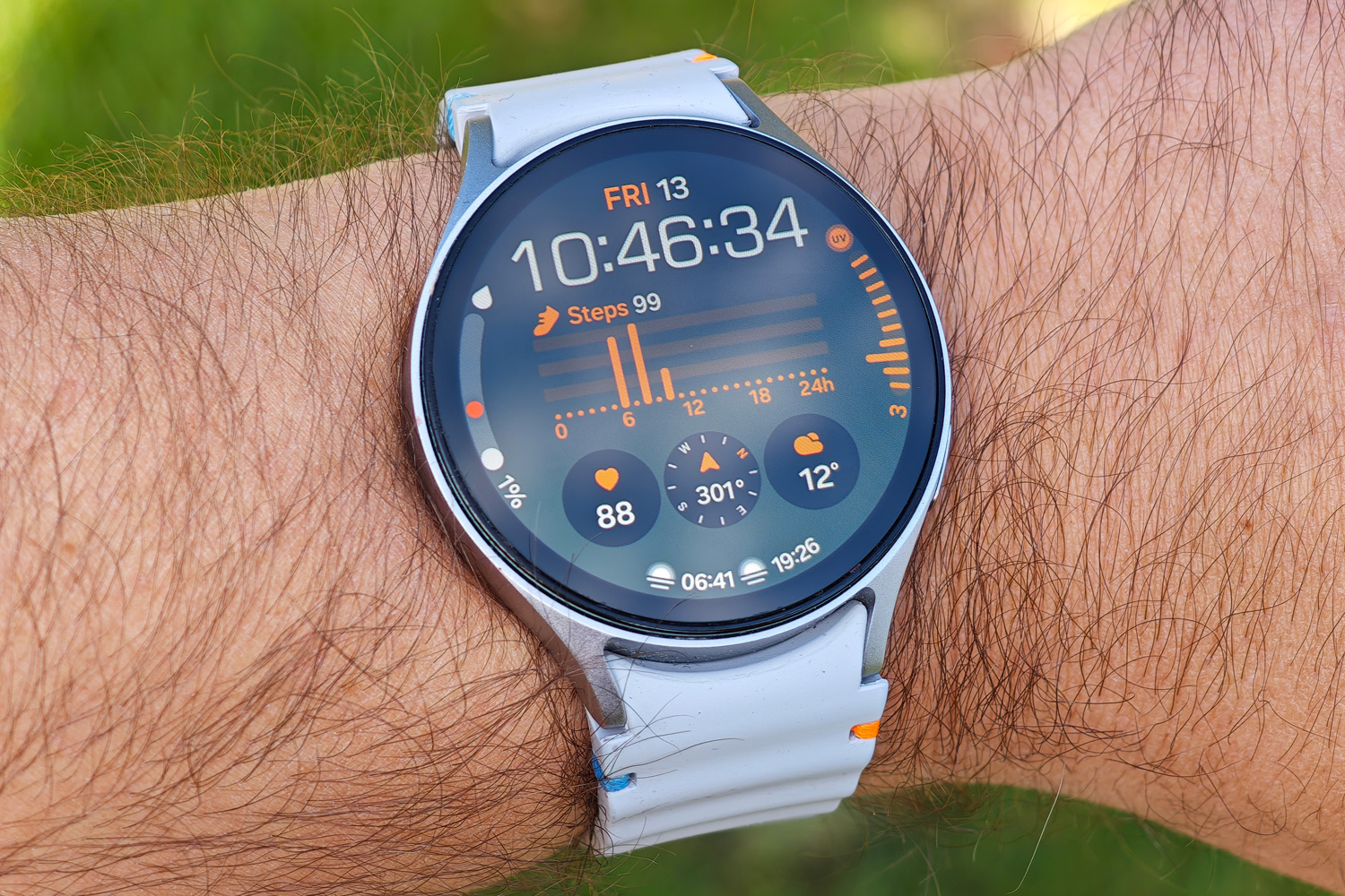 Samsung Galaxy Watch7 review on wrist orange