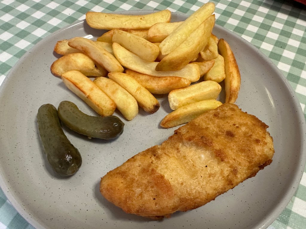 Fish and chips (plus a couple of lovely gherkins)