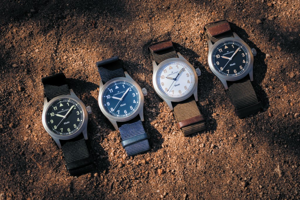 Hamilton Khaki Field Quartz variants on sand