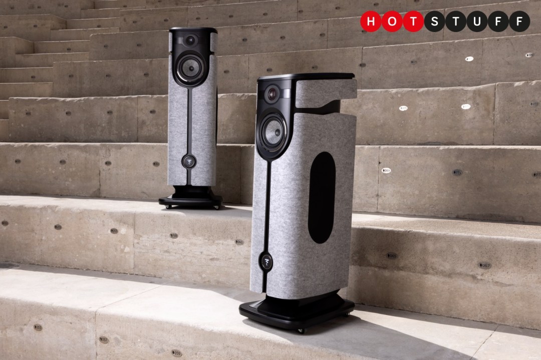 A pair of grey Focal Diva Utopia speakers on some stone steps