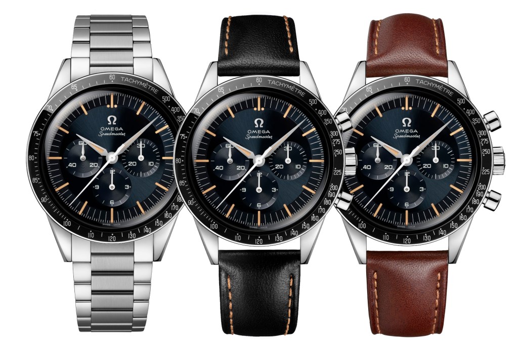 All three models of the new Omega Speedmaster ‘The First Omega in Space’ on a white background