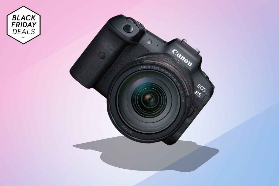 Canon EOS R5 deal on pink and blue background