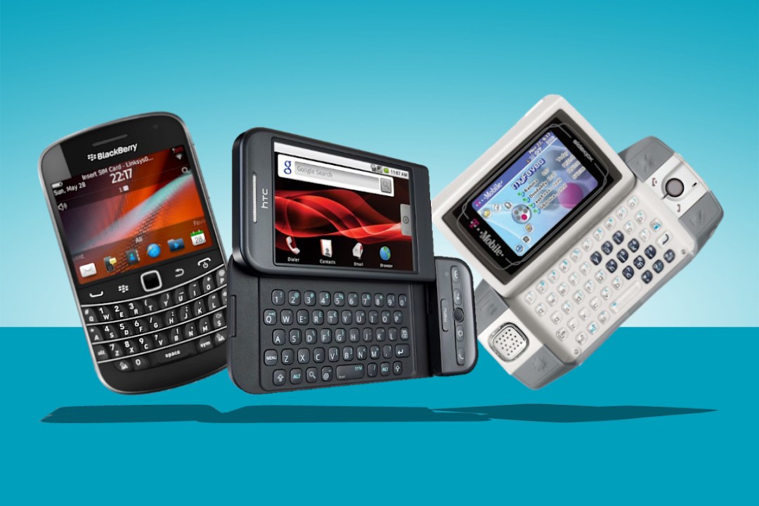 Blackberry, Google G1, and T-Mobile Sidekick on blue background