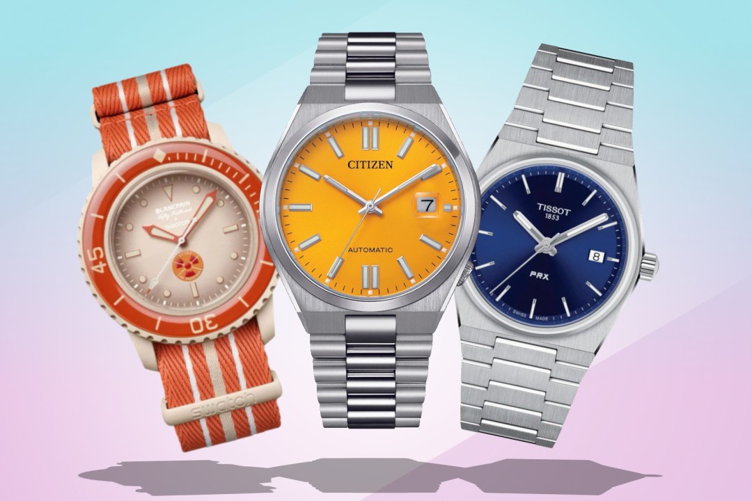 Three of the best Best watches under 500 from Citizen, Tissot and Swatch, on a pink and blue background