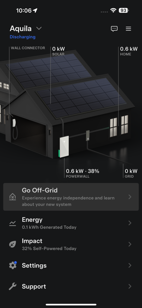 Screenshot of Tesla app homepage for energy system