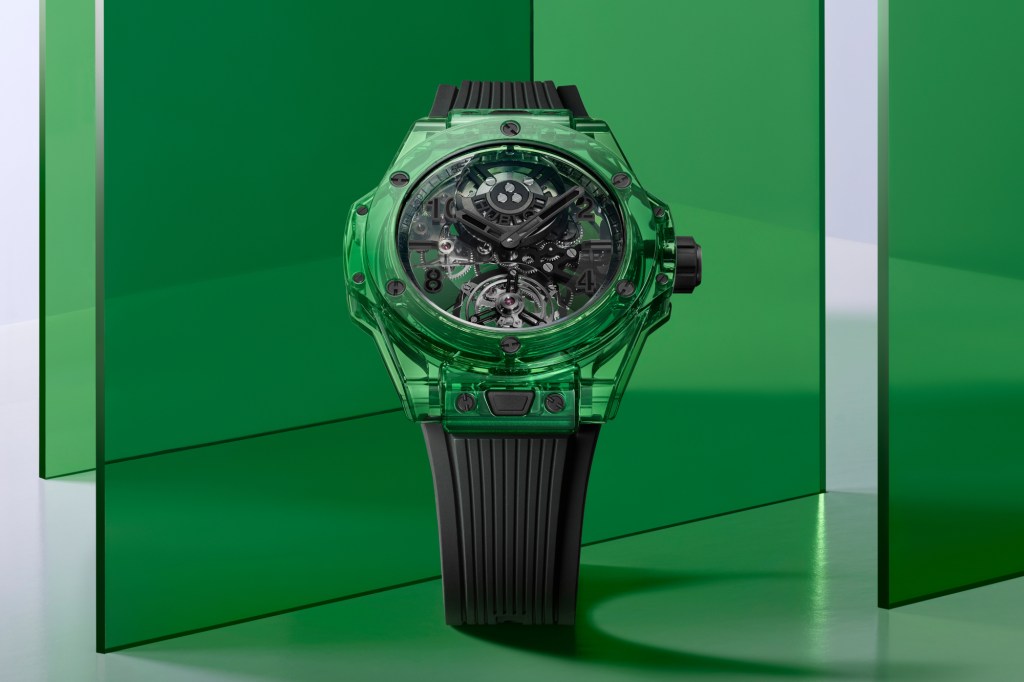 Big Bang Tourbillon Automatic Green Saxem on green background