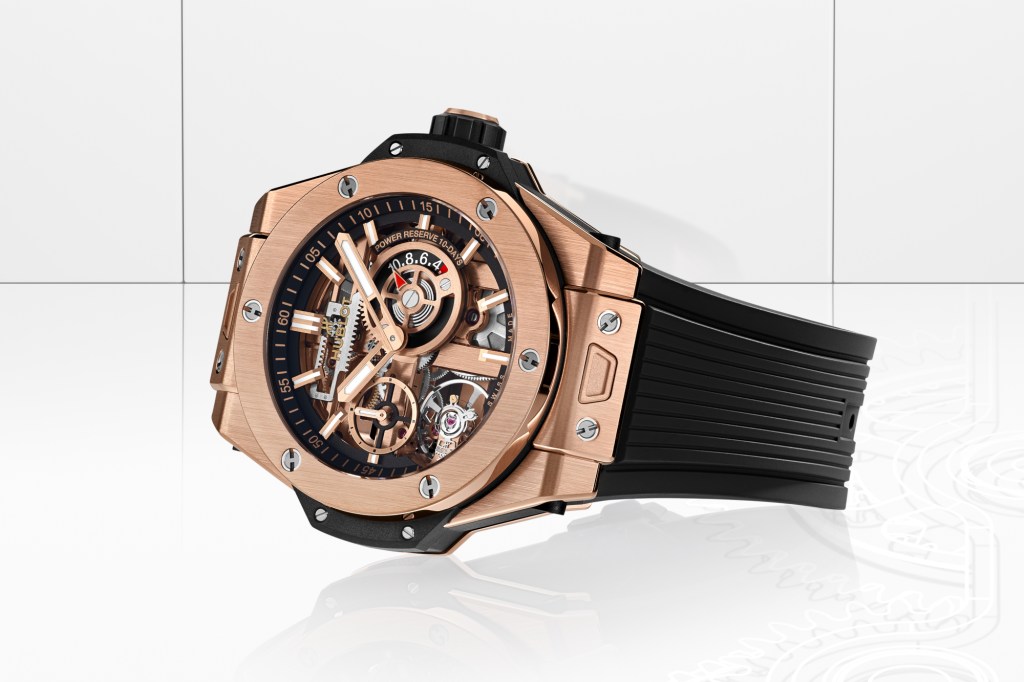 Gold Hublot Big Bang Meca-10 on white background