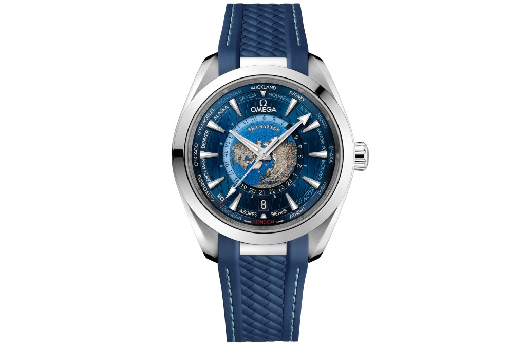 Omega Seamaster Aqua Terra 150M GMT Worldtimer on white background