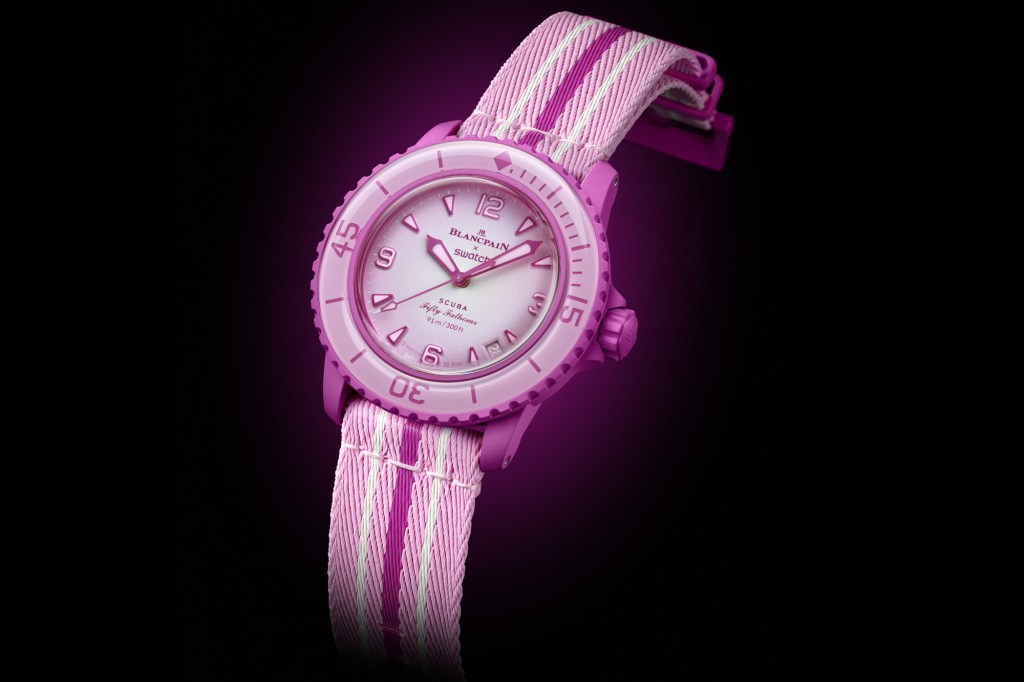 Swatch Scuba Fifty Fathoms Pink on black background