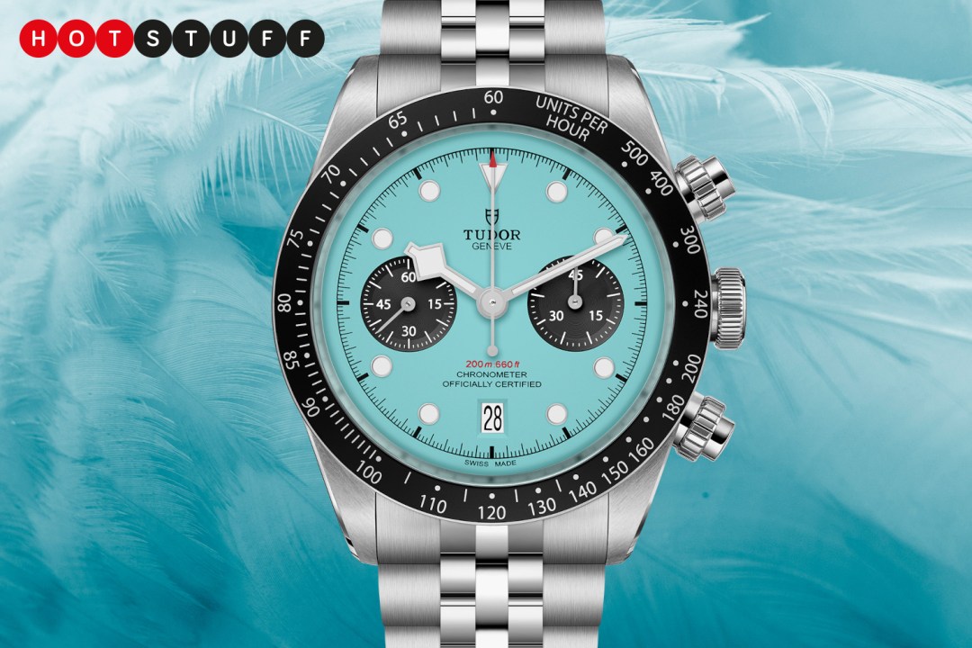 Tudor Black Bay Chrono “Flamingo Blue” on blue background