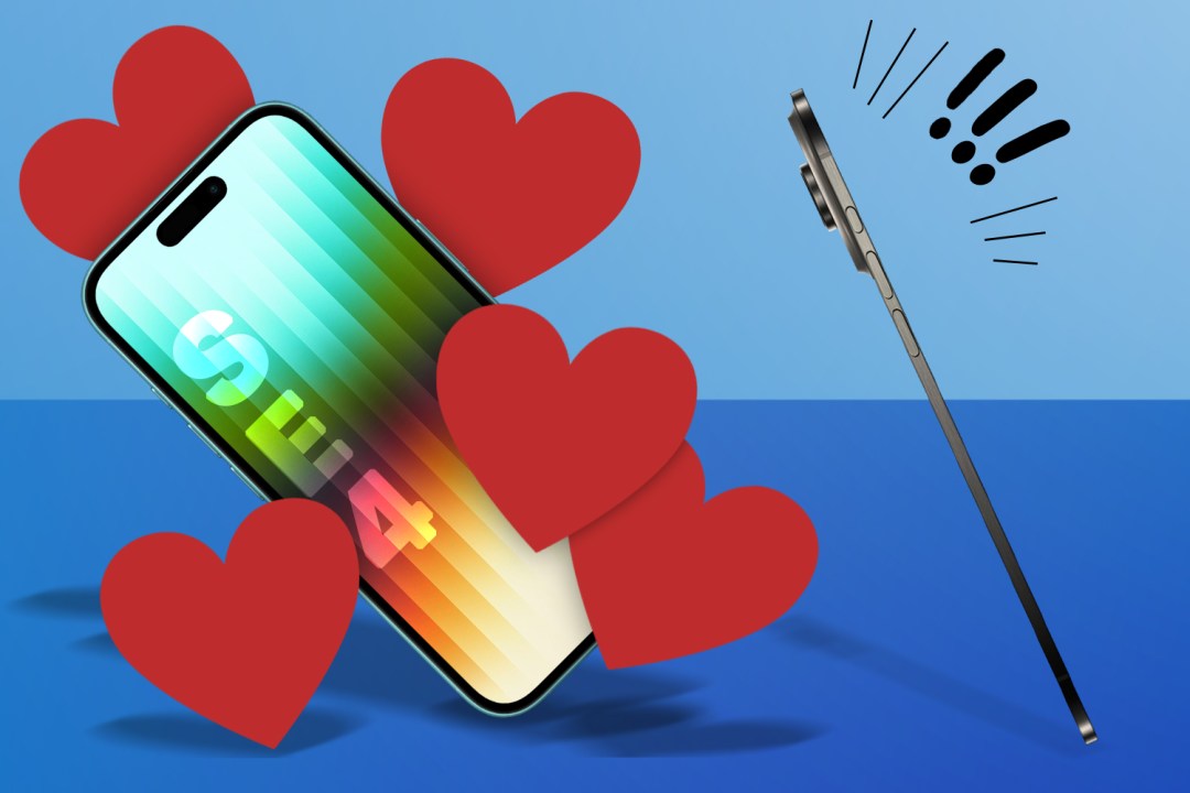 iPhone SE4 surrounded by hearts, with a shocked iPhone Air looking on