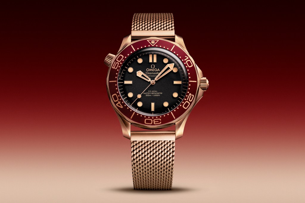 OMEGA Seamaster Diver 300M In Bronze Gold and Burgundy on gradient background