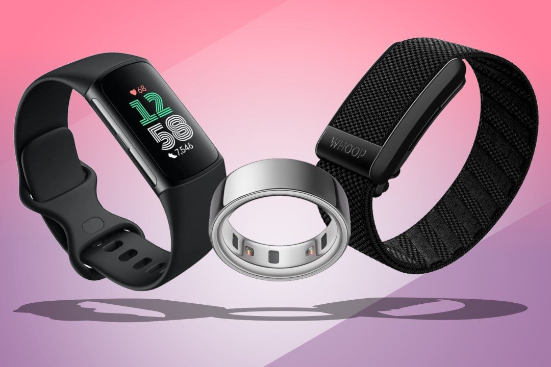 Collection of the best fitness trackers on pink and purple background